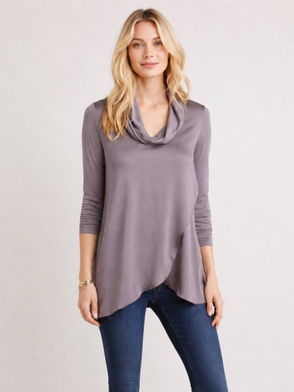 Anthropologie Deletta Satin Cowl Neck Lavender Gray Asymmetrical Tunic Top S
